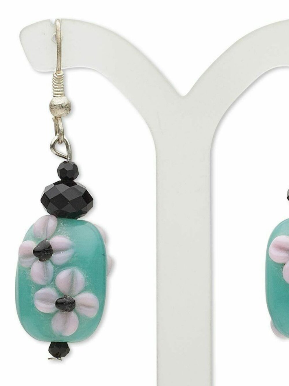 Handmade Bumpy Flower India Lampwork Glass Earrings Mint Green Black